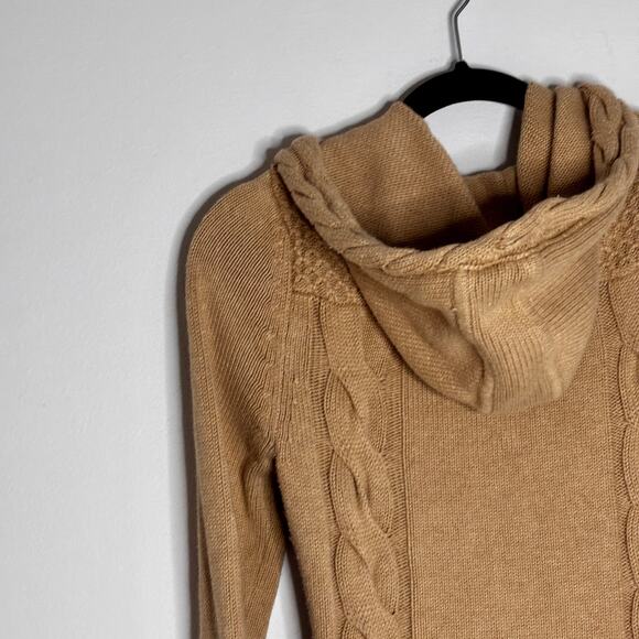 Athleta Cable Knit Zip Up Sweater Cardigan Hooded Camel Size Small Pre-Loved - Picture 5 of 16